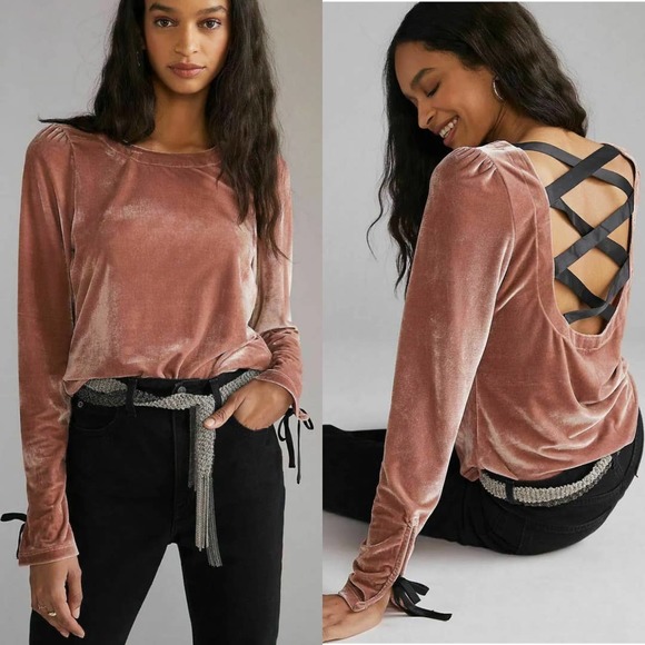 Anthropologie Open Back Velvet Top Taupe Free People Size Large - Picture 1 of 9